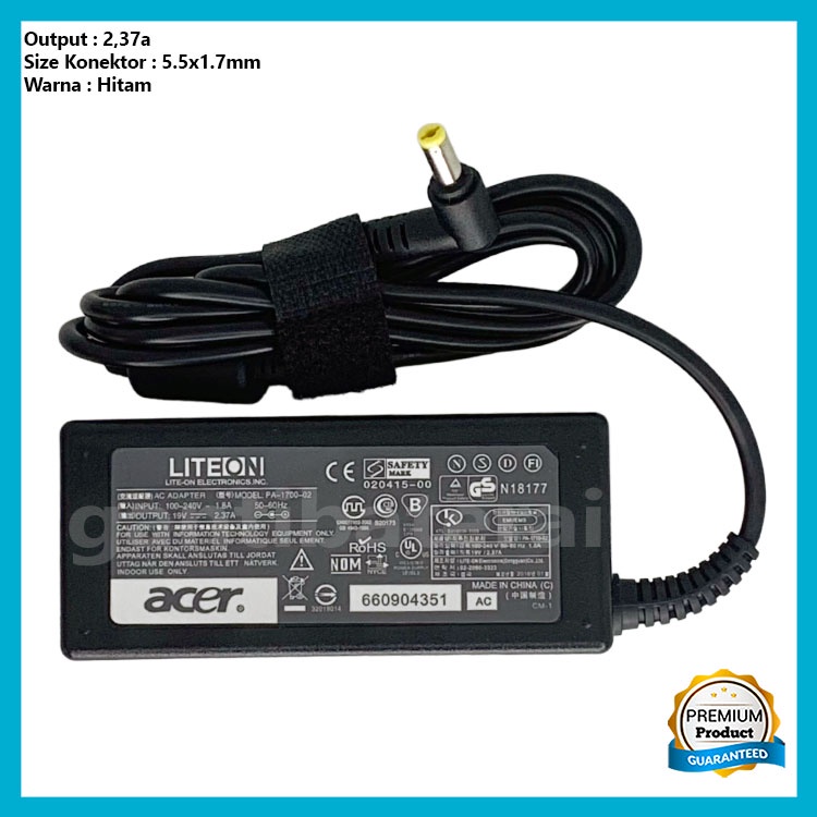 Adaptor Charger Acer Aspire 2.37a 5.5x1.7mm