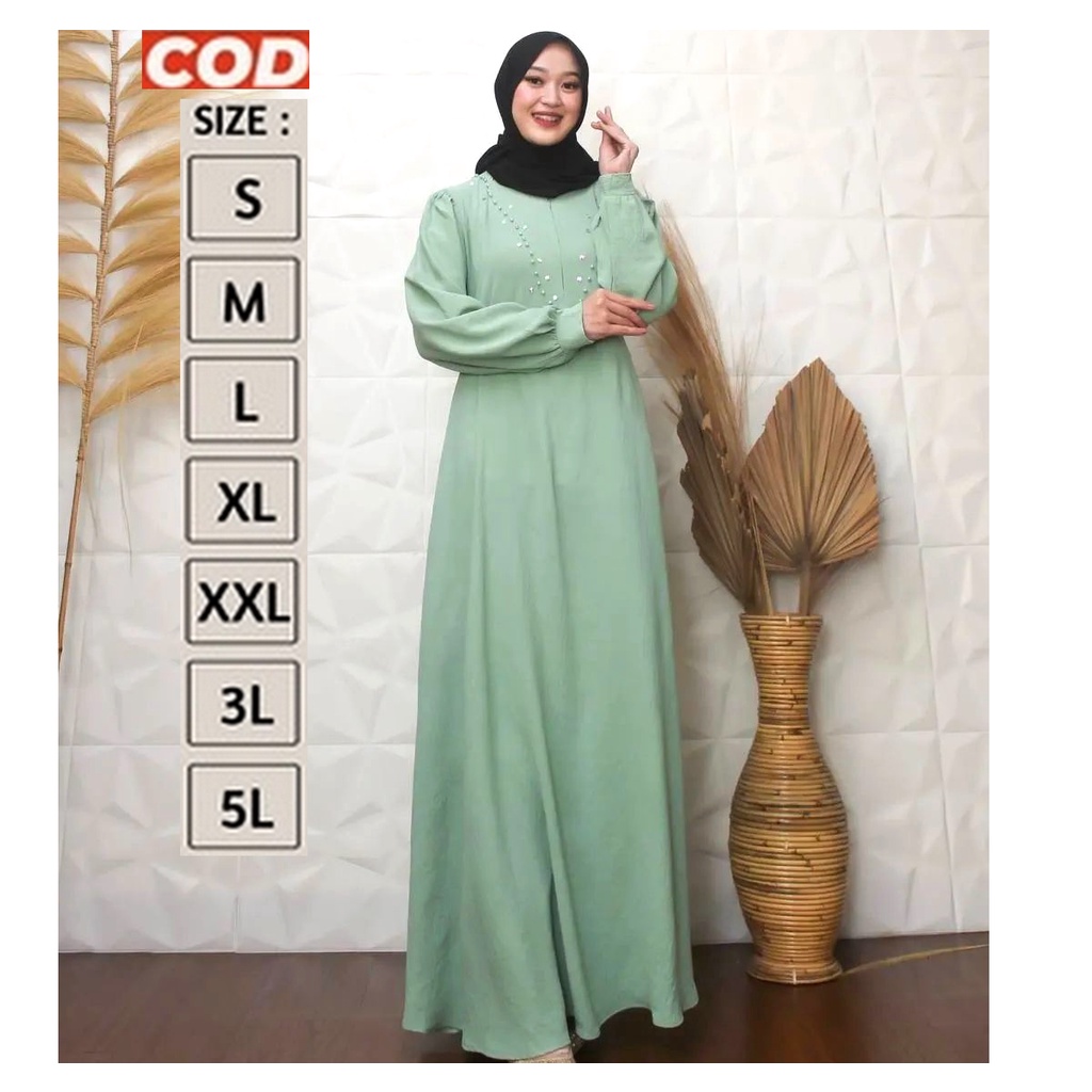 Gamis Ibu Emak Jumbo Warna Hijau Mint Muda Mutiara Payet Simpel Polos Premium Original LD 110 120 13