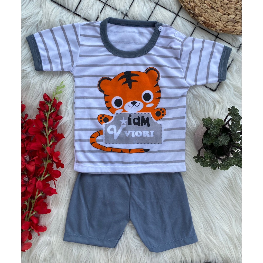 stelan KOMBINASI baju bayi laki laki perempuan lucu murah motif macan salur PENDEK 3-18 bulan