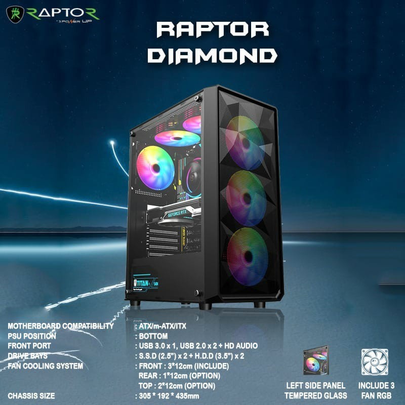 Casing PC Gaming Raptor Diamond - ATX - Free 3xfan RGB