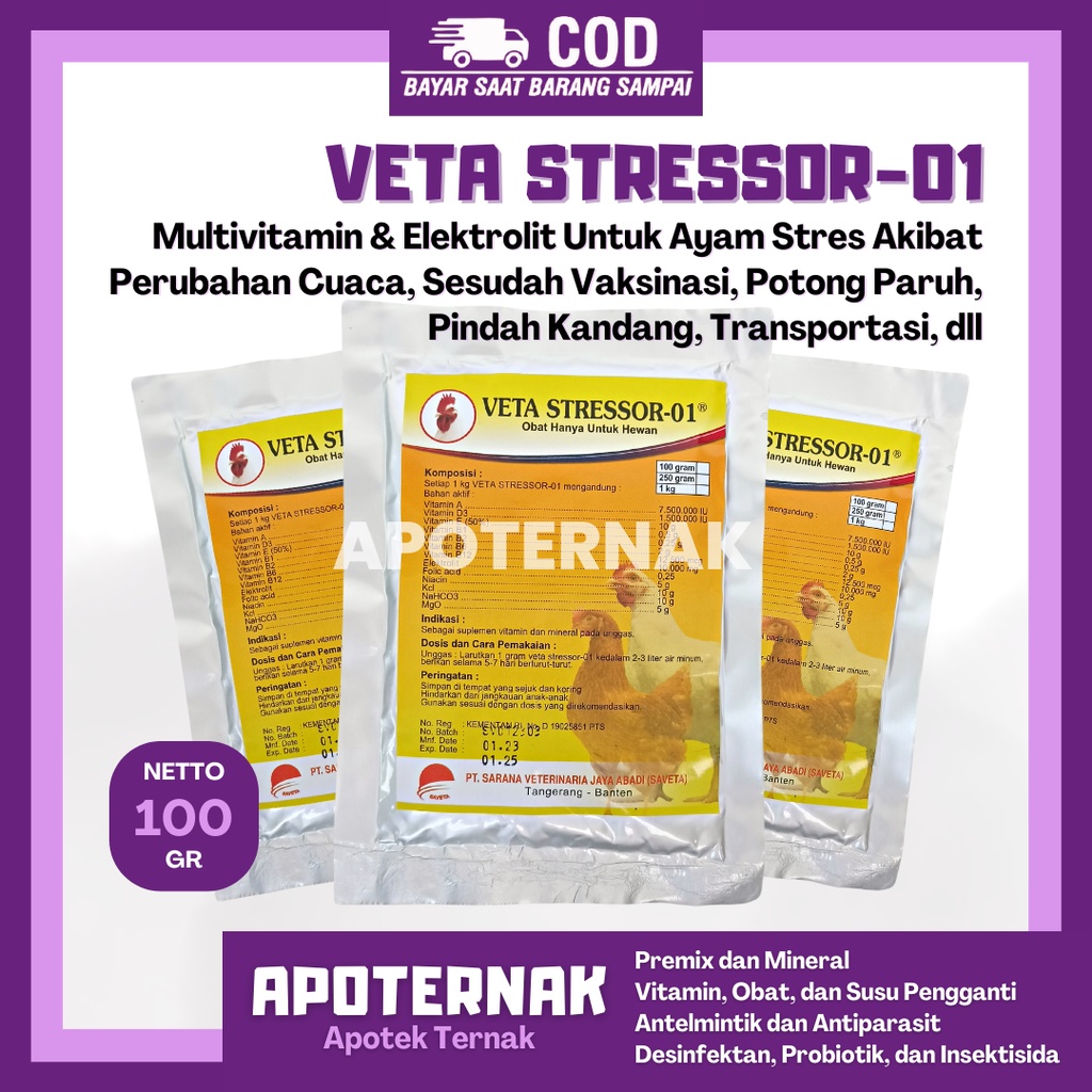 VETA STRESSOR | Multivitamin Elektrolit Untuk Ayam Stress Akibat Perubahan Cuaca, Seletah Vaksin, Potong Paruh, Pindah Kandang, dll