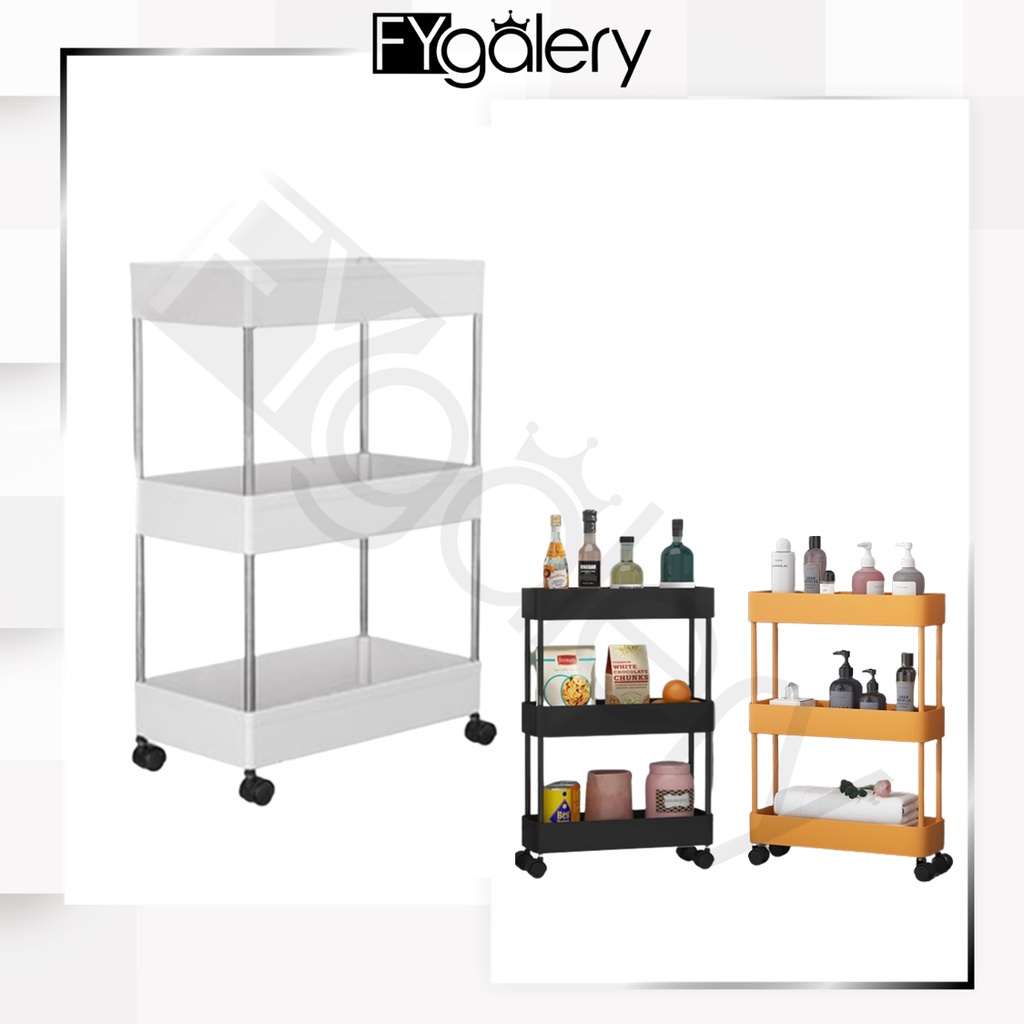 FYGALERY HL0350 Rak Lantai Beroda 3 Tingkat Tempat Penyimpanan Serbaguna Rak Ruang Tamu Putih 3 Susun Rak Sudut Dapur Troli Organizer Trolley Stainless Steel Rack