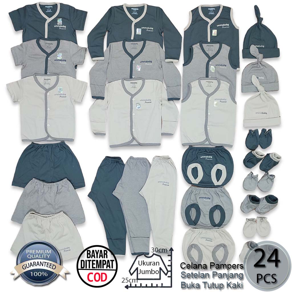 PREMIUM CLASS 24 PCS Paket Baju Bayi Celana Bayi Setelan Bayi Setelan Anak Laki Perempuan Perlengkapan Bayi Baru Lahir Kado Gift Set Baby Newborn Premium Topi Bayi Sarung Tangan Bayi Kaos Kaki Bayi Topi Kuncung Seri Abu Grey Series Jahit Bisban