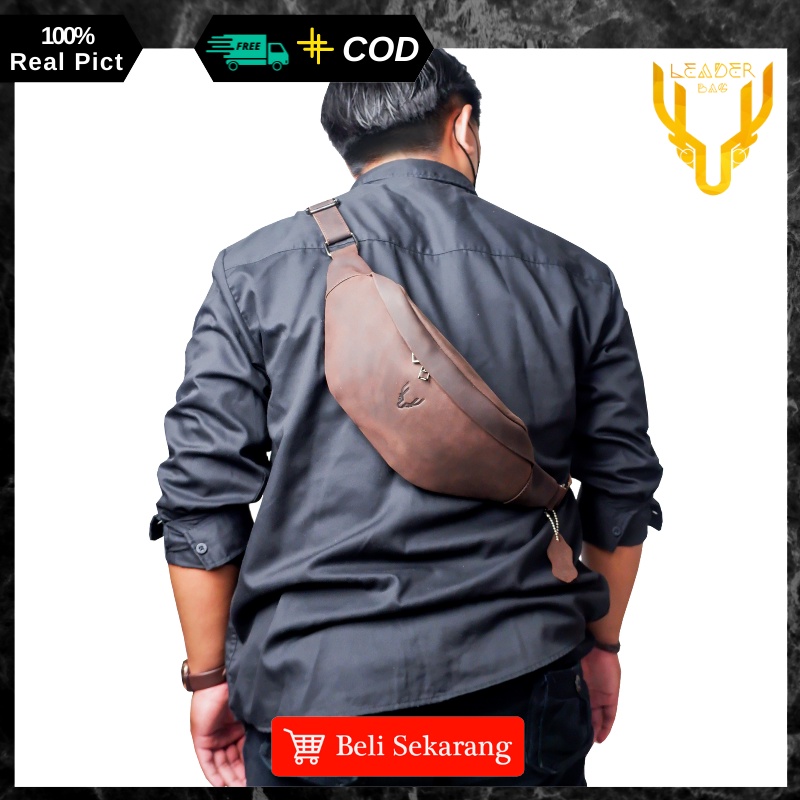 Tas Selempang Pria Kulit Sapi Asli Merk Leaderbag Waterproof Terbaru Waistbag Tas Pinggang Cowok Branded Warna Coklat Khaki DRACO V2 AA04