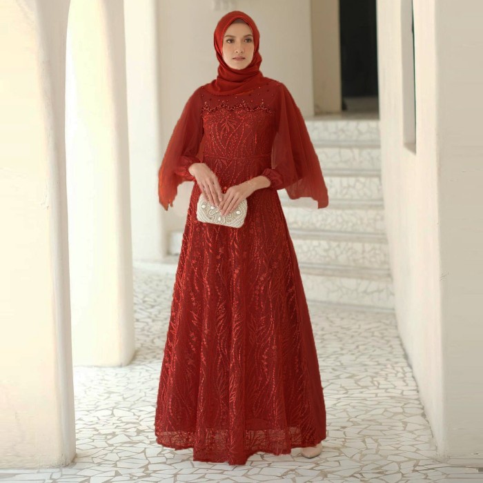 Gamis GAMIS BRUKAT JUMBO TILE MAXY DRESS WANITA MUSLIM BROKAT VELVET MURAH - MAROON, all size mewah 