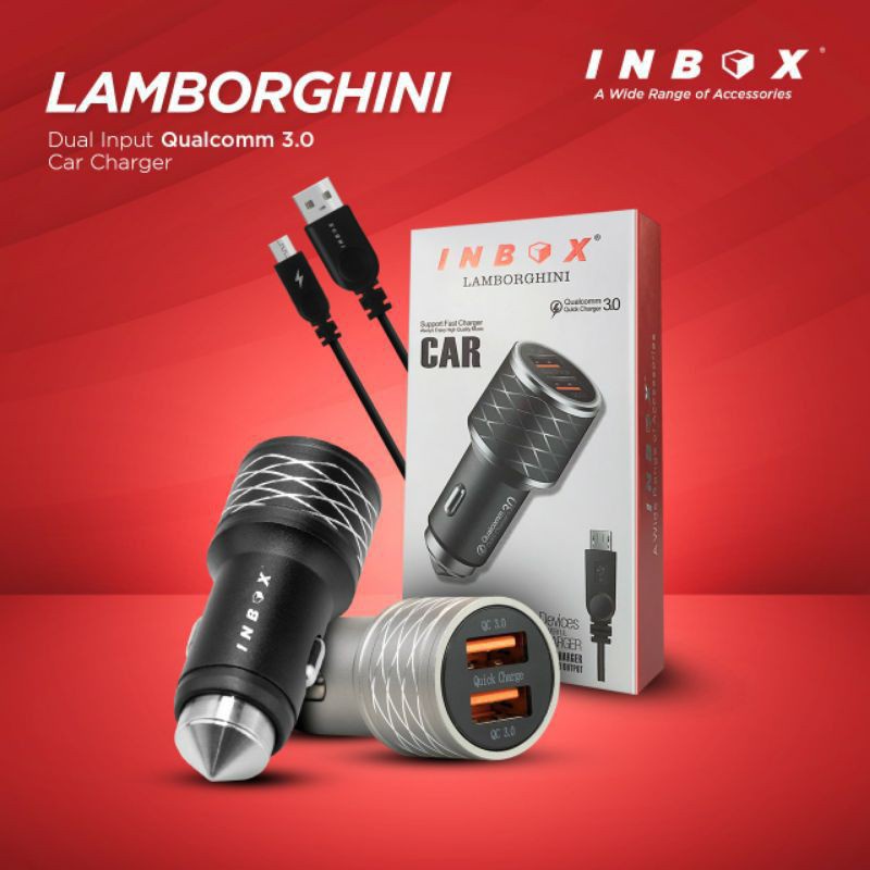 Car Charger Mobil INBOX LAMBORGHINI 3A QC 3.0 Dual USB Free Kabel Data - Silver