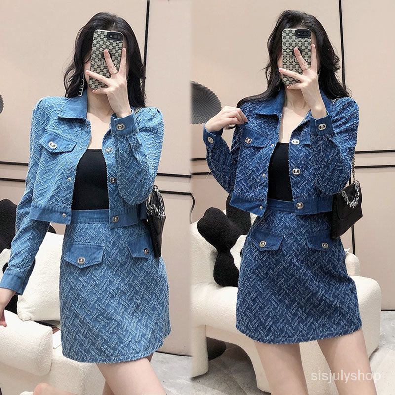 [✅BISA COD] #Sisjuly# Setelan busana denim wanita atasan jaket pendek berdada tunggal + rok pendek s