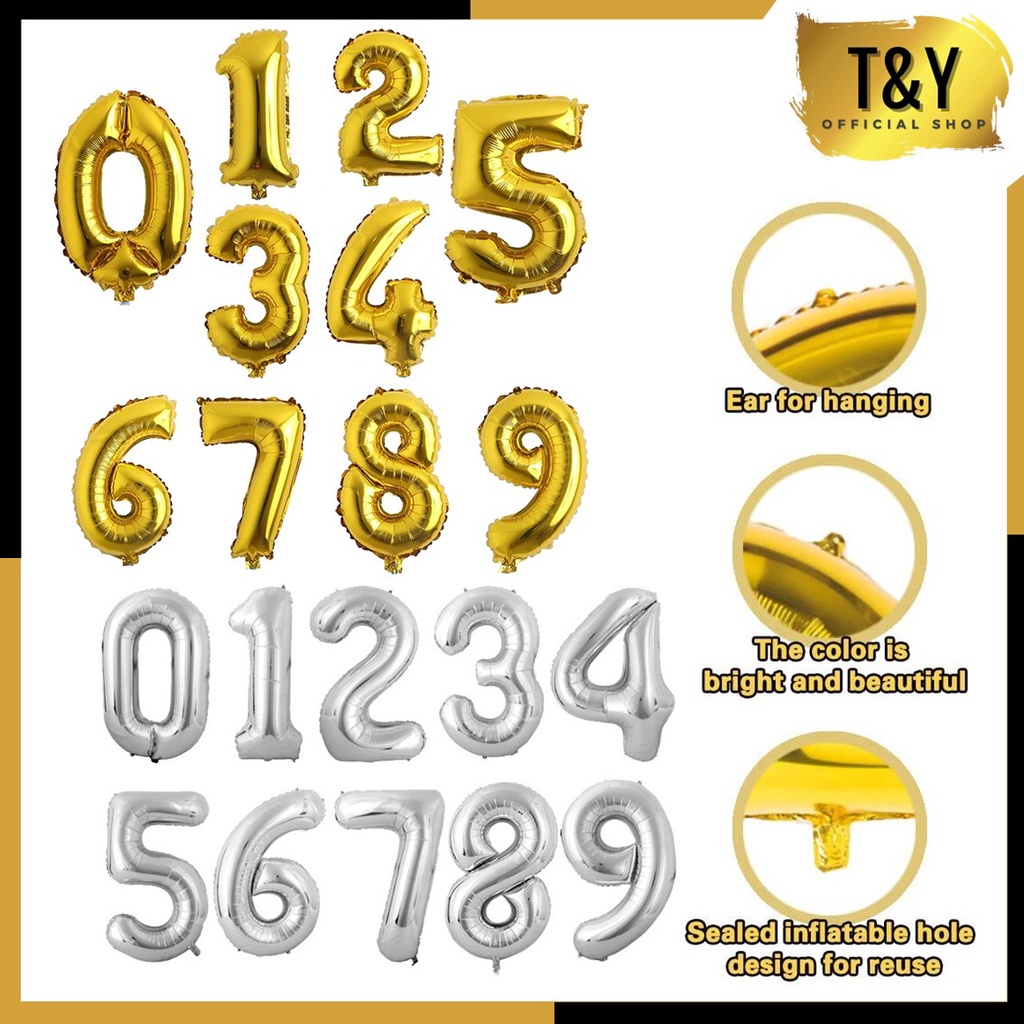 T&amp;Y Balon Angka Foil Gold Silver 40cm Balon Pesta Ulang Tahun Ballon Number Satuan Murah 40 Cm Murah