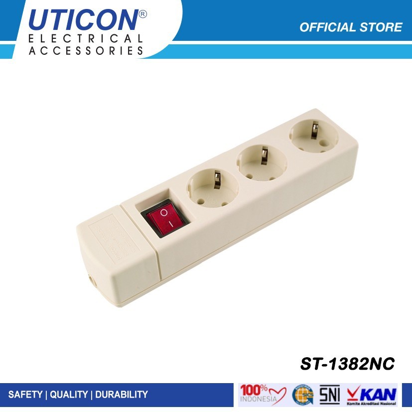 Uticon ST-1382NC Stop Kontak Arde 3 Lubang + Saklar Terminal 3 Lubang Tanpa Kabel