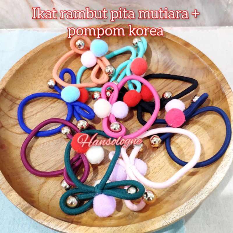 ikat rambut pita mutiara pompom / karet rambut