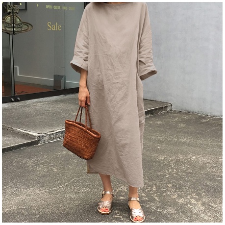 Dress Wanita Lengan Pendek Kantong Samping Warna Polos Dress Panjang Longgar Dress Big Size