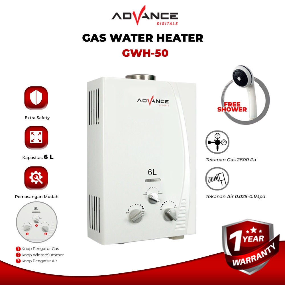 Gas Water Heater Advance GWH50 Pemanas Air Kamar Mandi Gas Bonus Selang Dan Shower