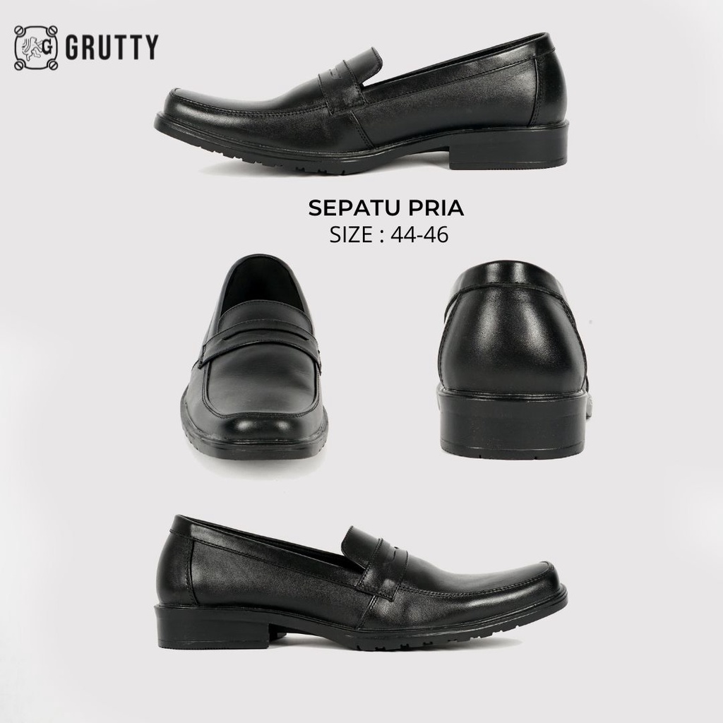 Sepatu Pria Formal Pantofel Kulit Asli Tanpa Tali Big Size Ukuran Besar GRUTTY DC015 Hitam