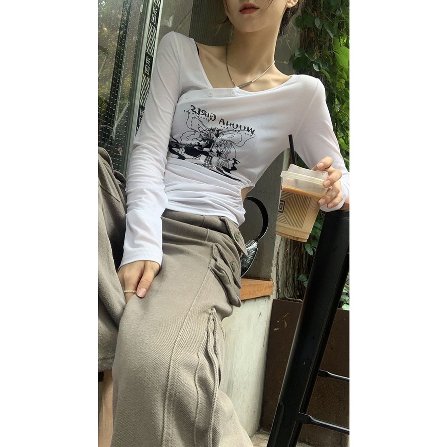Red Modis Manis Keren Gadis Panas Slim Hem Irregular V-Leher Tabir Surya Hollow T-shirt Wanita 2022 Musim Panas Lengan Panjang Tipis Top