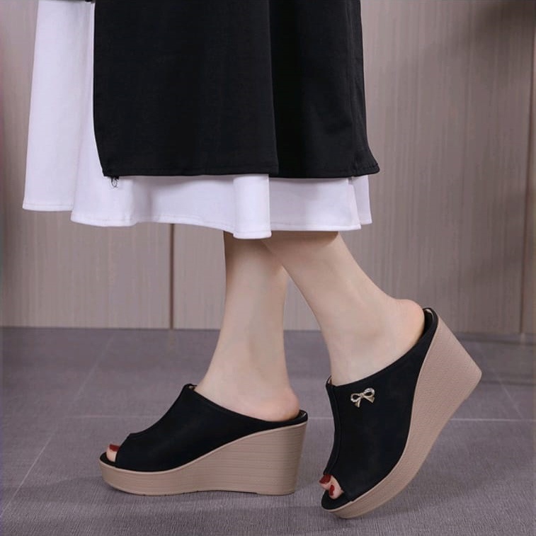 ALANA BLACK WEDGES ORIGINAL | Sepatu Sandal Wedges Wanita Ukuran Besar-Jumbo Big Size 40-45 Hak tinggi 8cm