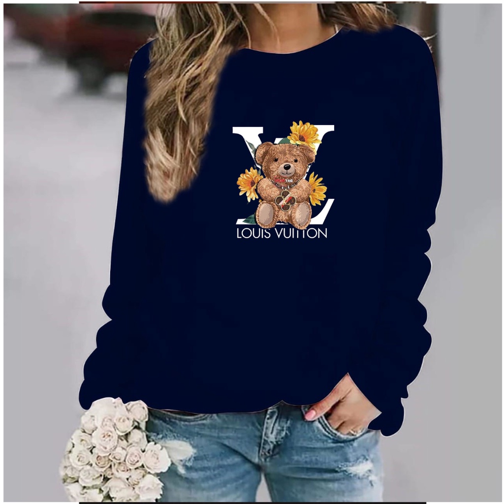 Baju lengan panjang wanita logo TEDDY BEAR LV / kaos distro model sweater keren trendy dan kekinian