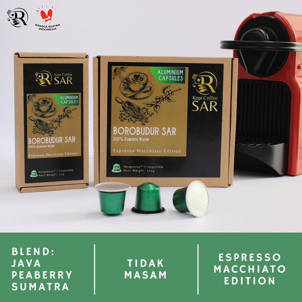 

Borobudur SAR - Full Robusta Blend Nespresso Compatible Coffee Capsule Kopi Coffee SAR Kopi Kapsul untuk Mesin Nespresso