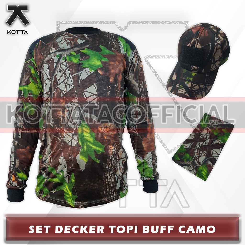 SATU SET SETELAN BAJU KAOS DECKER CELANA TOPI KAMUFLASE CAMO PERBAKIN HUNTING BERBURU DECKER