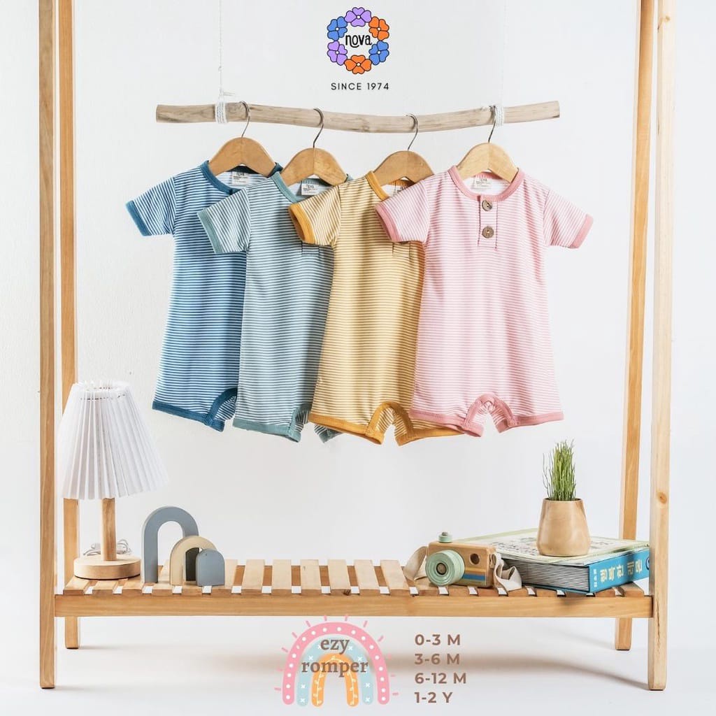 Ezy Romper Stripe Series Nova Baby Romper Bayi Jumper Pendek Baju Kodok Segiempat Motif Garis Salur Baby Newborn 0-24 Bulan