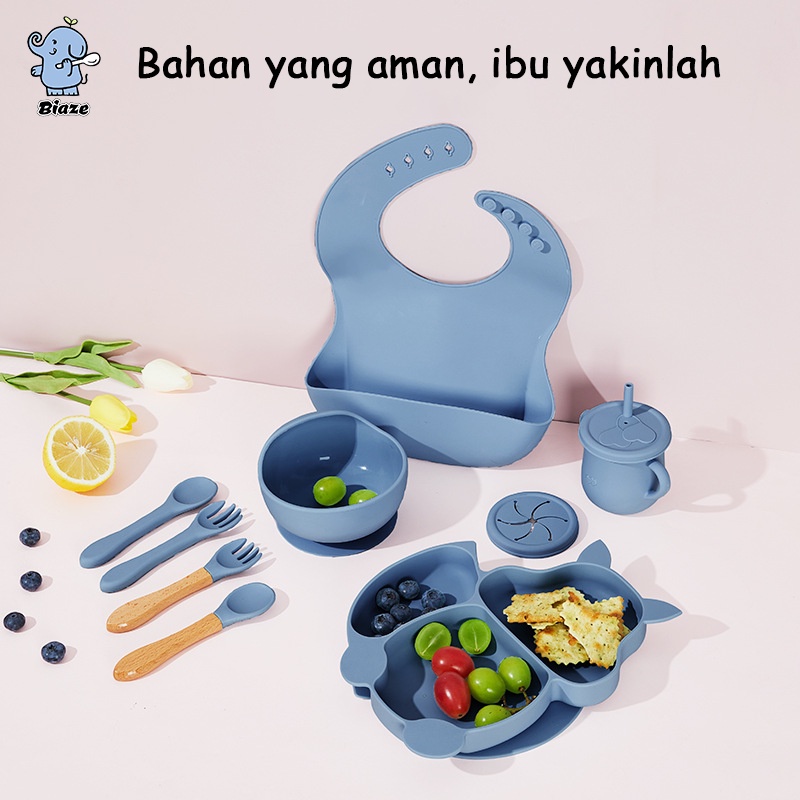 BIAZE 3 Buah Set Bayi Silicone Bib Peralatan Makan Mangkok Sendok Piring Food Grade Silikon BPA Free