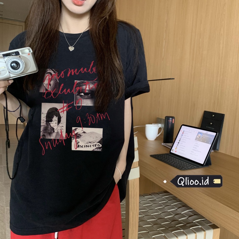 Print T-shirt Kaos Lengan Pendek Vintage Records Atasan Wanita Korean Style