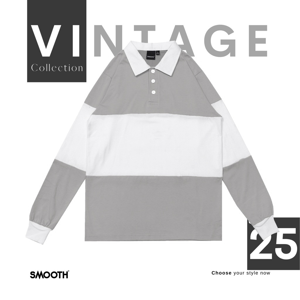 SMOOTH BASIC Vintage Rugby Polo Shirt - Grey White