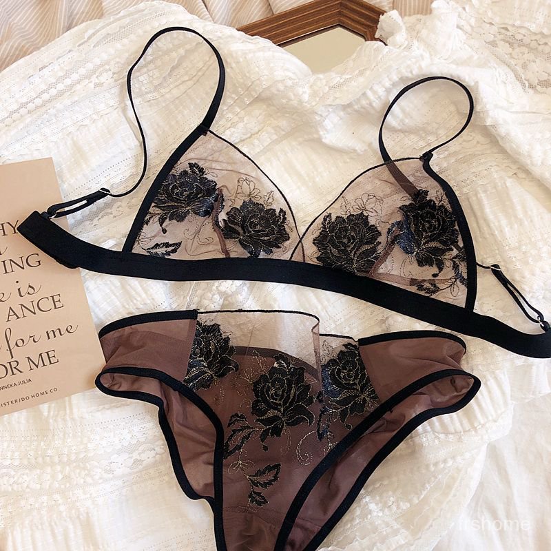 Mesh industri berat bordir renda segitiga cup tanpa cincin baja set pakaian ultra tipis bra