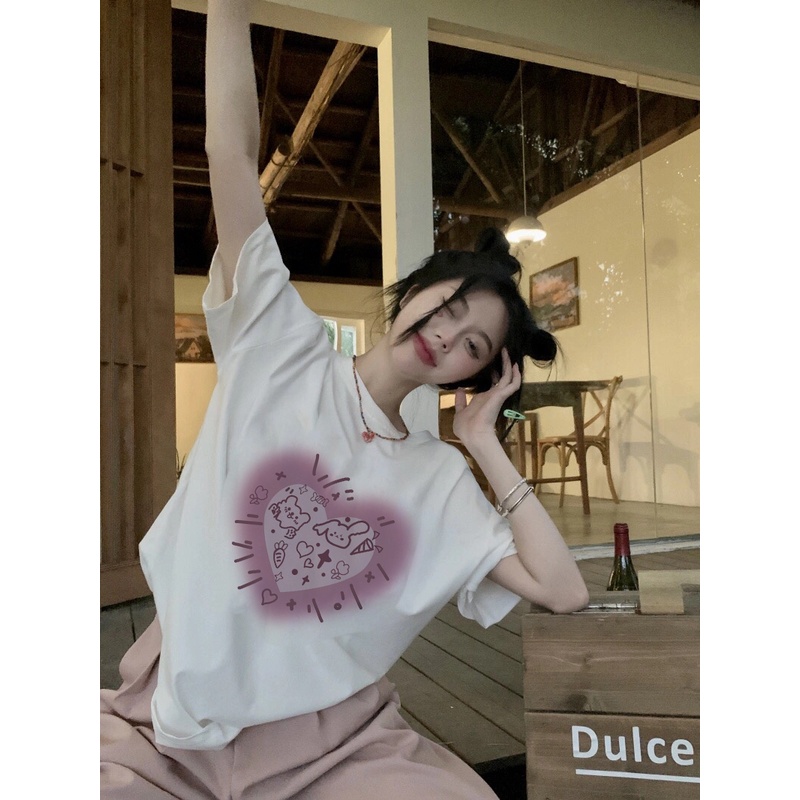 EUNII T-shirt Lengan Pendek Cartoon Pink Doll  Korean Style/Kaos Atasan Wanita/Baju Kaus Oversize Wanita/Kaos Wanita