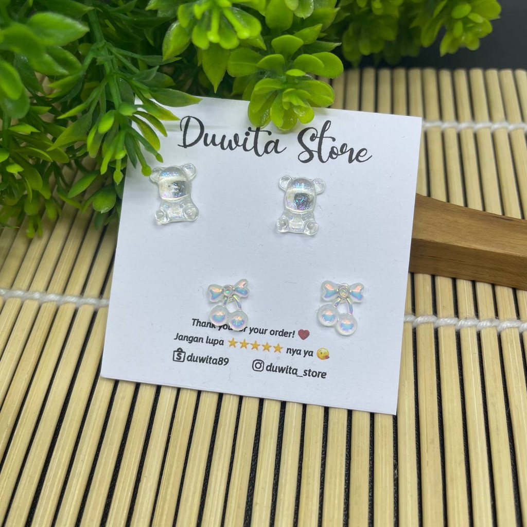 HANDMADE ANTING ANAK/DEWASA TUSUK PLASTIK MOTIF CLEAR BEAR-CHERRY(BUNDLE)