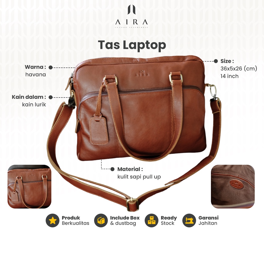 Tas Laptop Aira Bag Jogja Kulit Sapi Asli 14 Inchi Bahan Pull Up Leather Terbaru Kain Lurik Tradisional Tali Panjang Adjustable Kekinian Original