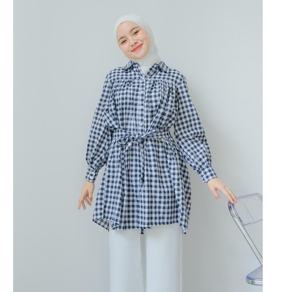 ❊ Mayoutfit Jieva Tunic | Tunik Tali Pinggang Layer Motif Gingham Kotak ➨