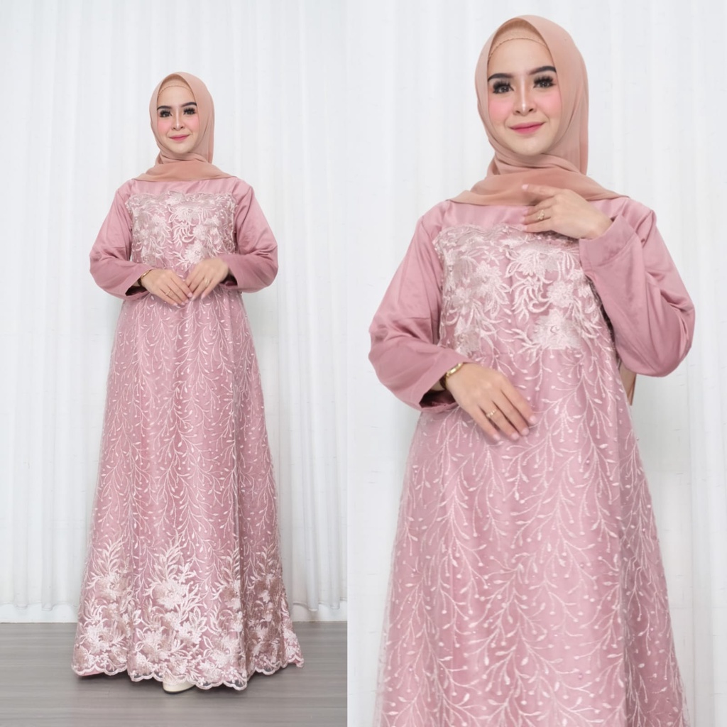 Dress Muslimah Jumbo Aura Gown Aura Dres Brukat Tile Gaun Pesta Resepsi Pernikahan Gamis Muslim Jumbo xxl Ld 120cm Dress Brokat Tile Mutiara Wedding Outfit Kondangan Baju Lebaran Anak Perempuan Remaja Muslimah Terbaru