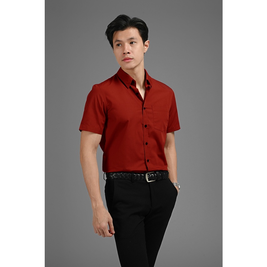 KEMEJA PRIA MERAH BATA POLOS LINEN RAMI LENGAN PENDEK PREMIUM HEM PRIA