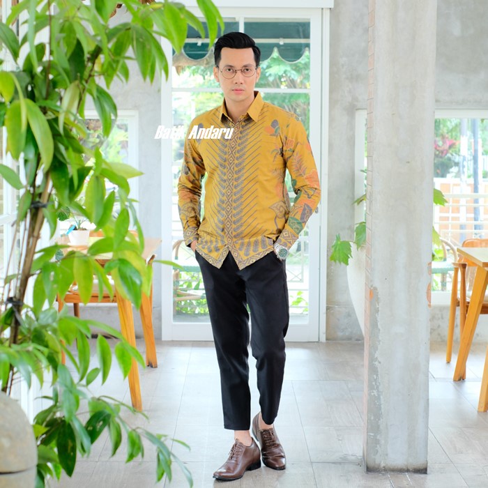 Baju Kemeja Batik Pria Slim Fit Lengan Panjang Modern Heem Premium Warna Lemon Kuning Soft