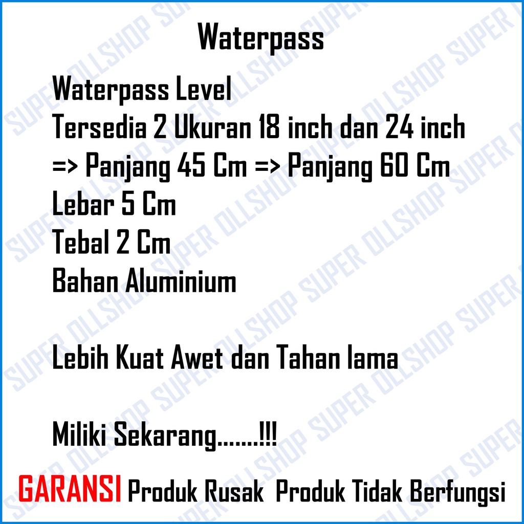 Waterpass Aluminium 18 Inch 45 Cm / Water Pas Panjang 24 Inch 60 Cm Alat Ukur Penggaris