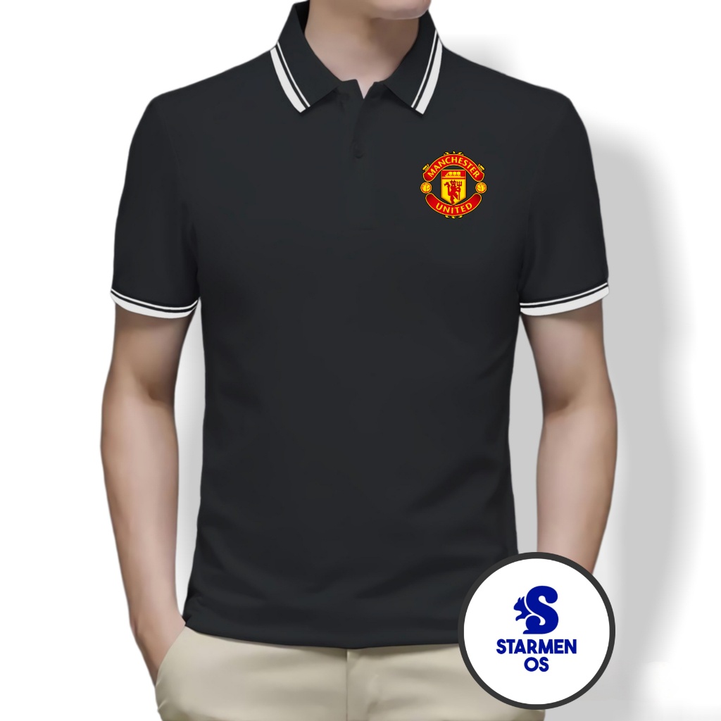 Kaos Polo Shirt Pria Kerah List Putih logo MENCHESTER UNITED