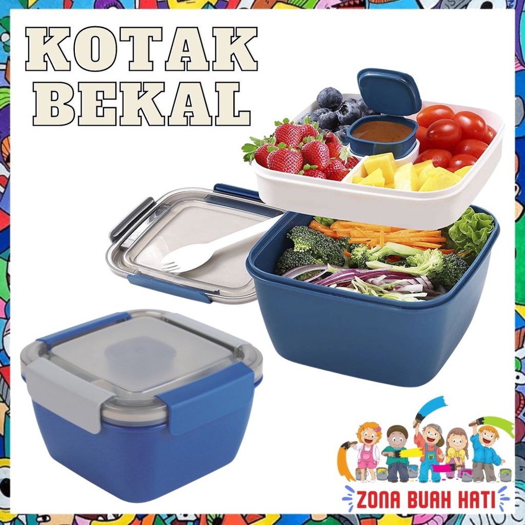 ZBH Kotak Bekal 2 Tingkat 1100Ml Free Sendok Bento Lunch Box Tempat Makanan 1.1 Liter Kotak Makan Anak Anti Tumpah Free Wadah Saus Kecil