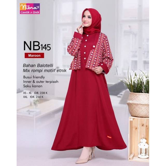 NIBRAS GAMIS MUSLIM WANITA NB 145 READY WARNA MAROON SIZE M