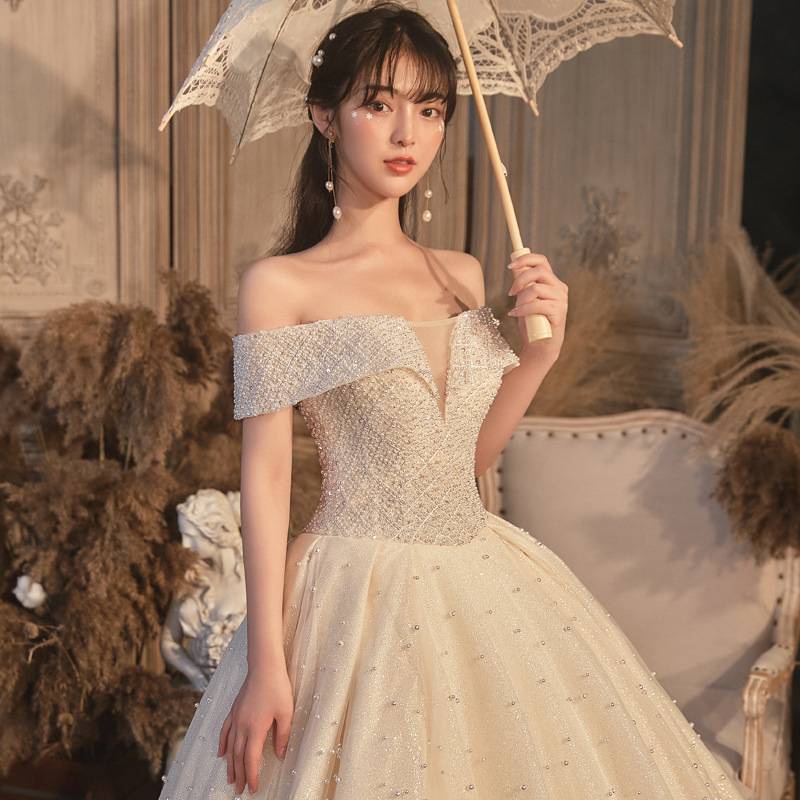 Gaun pernikahan 1.5m Ekor Luxurious Women Bridal Diamond Pearl Wedding Dresses Off Shoulder gaun pengantin Ballgown