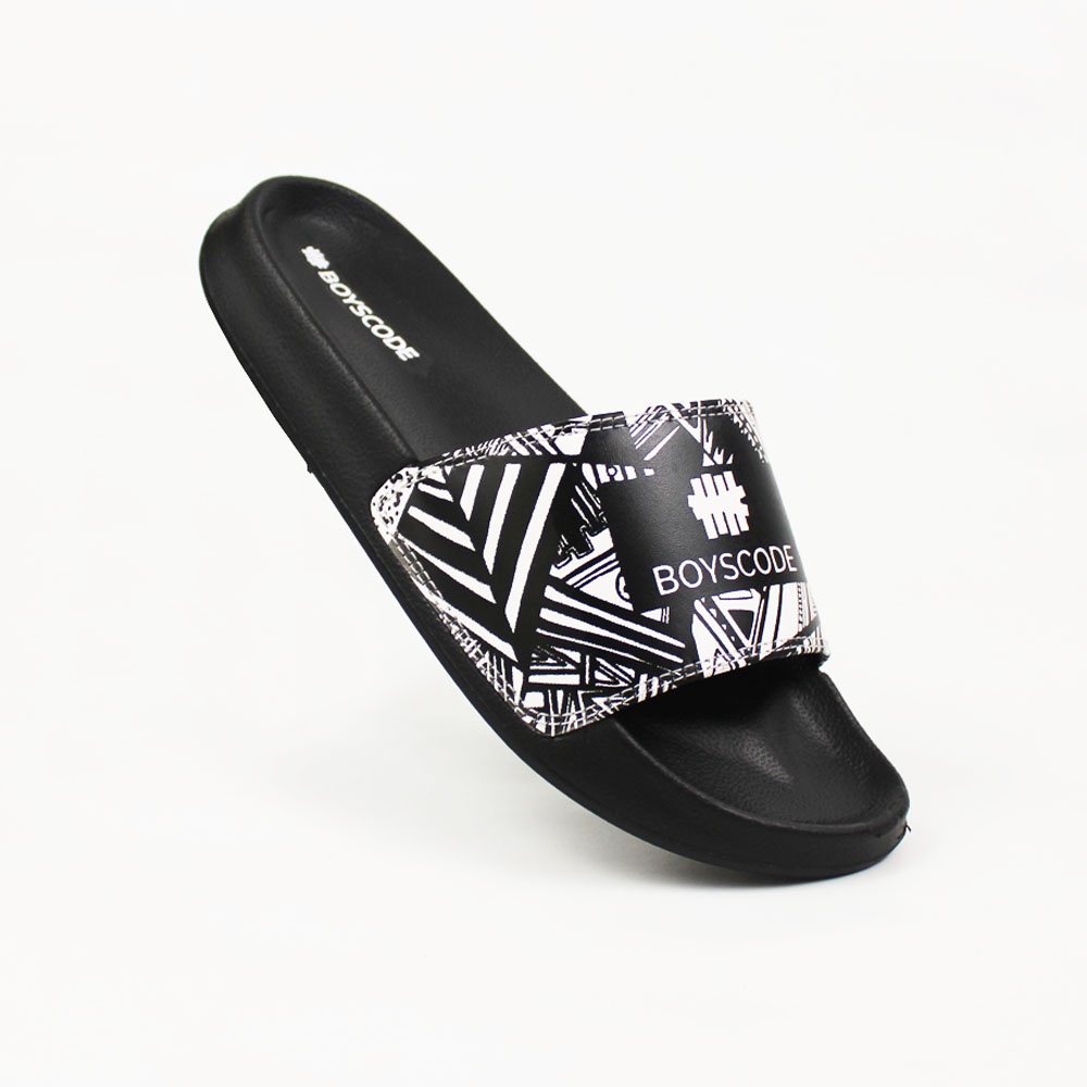 Sendal Selop BOYSCODE Motif Abstrak Hitam Pria Wanita / Sandal Slide Cowok / Sandal Slip On / Sandal
