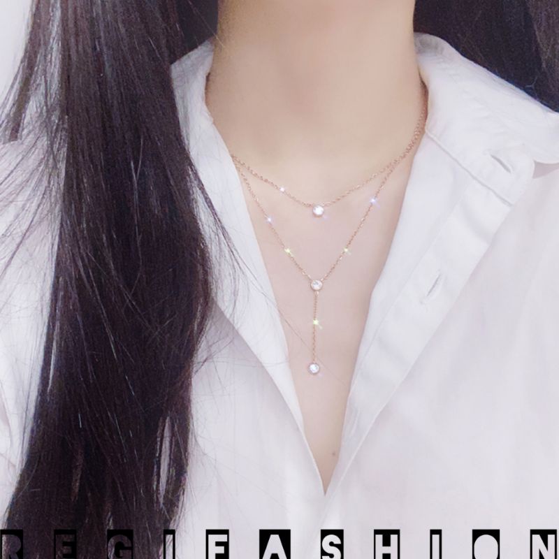 { Bayar Ditempat } Kalung Titanium Wanita Desaign 2 Layer Kalung Wanita Korea 2 Layer Permata Berkilau Kalung Titanium Wanita Anti Karat Tidak Luntur