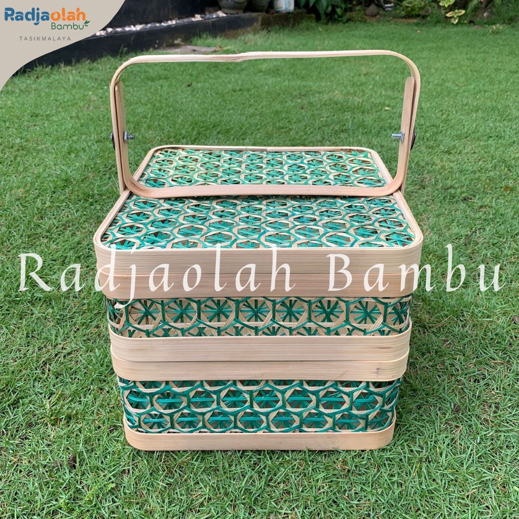 (20 PCS) Kotak Bambu Susun 2 Motif Anyaman Laba Bintang Hijau / Hampers / Parcel / Besek Nasi / Bese