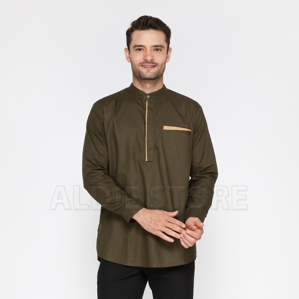 Baju Koko Pria Lengan Panjang ALKAHFI Hijau Army Kancing Atasan Baju Lebaran