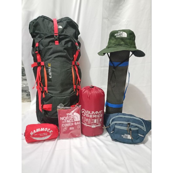 Paket Hemat Lengkap 7 item - Tas Ransel Gunung TNf 60L Sleepingbag Matras Hammock Topi Waistbag Raincover