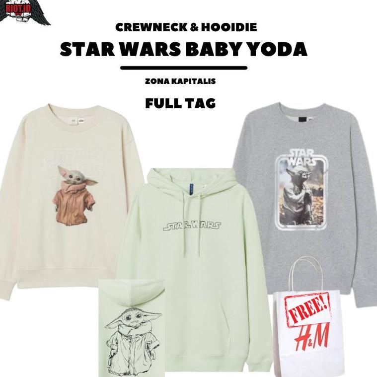 (2.2) Hoodie Crewneck H&M HnM Starwars Baby Yoda Green  Cream Grey FREE PAPER BAG FULL TAG Jaket Swe