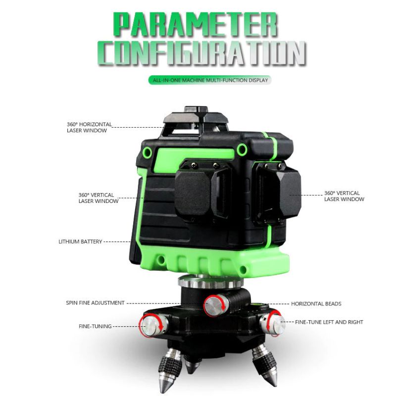 KEUHZ Laser Level Green Beam 12 Lines Self Leveling Alarm 360 Rotation - KE7MM Hijau Hitam pengukur bangunan Tukang