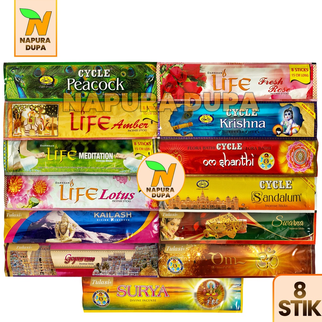 Dupa harum India mini pouch 8 stik LIFE, TULASI, CYCLE hio renteng Darshan Krishna, Om Shanti, Peaco