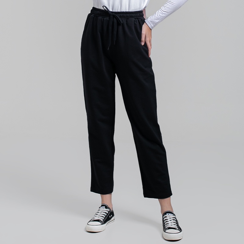 3Second Original Celana Panjang Elastic Waist Pinggang Karet Cotton Poly Long Pants Wanita Hitam 051