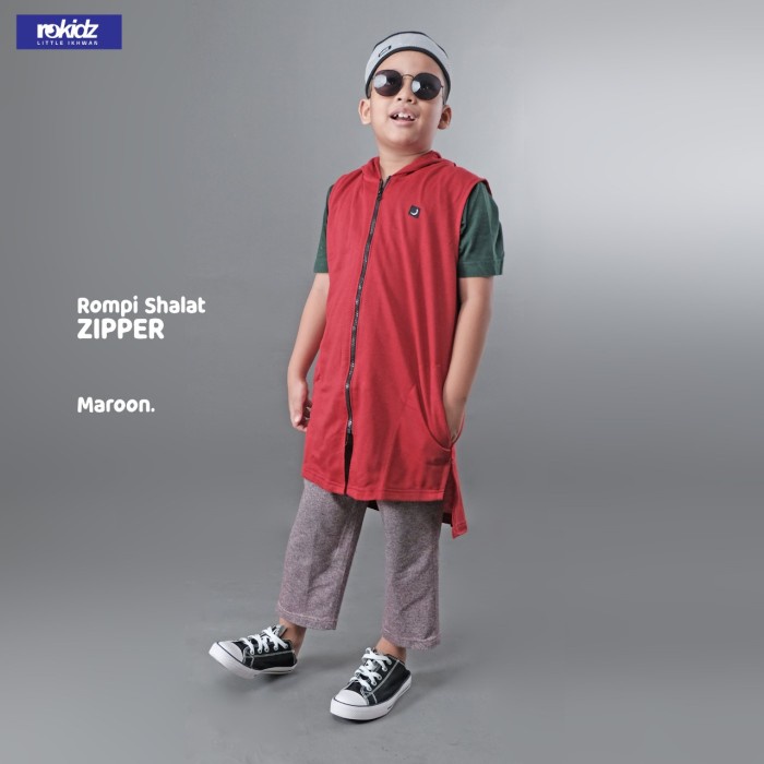 Rompi Sholat ZIPPER ANAK - ROMPI ZIPPER HOODIE SHOLAT SHALAT ANAK BRAND ROSAL - Maroon, L(M0K7) romp