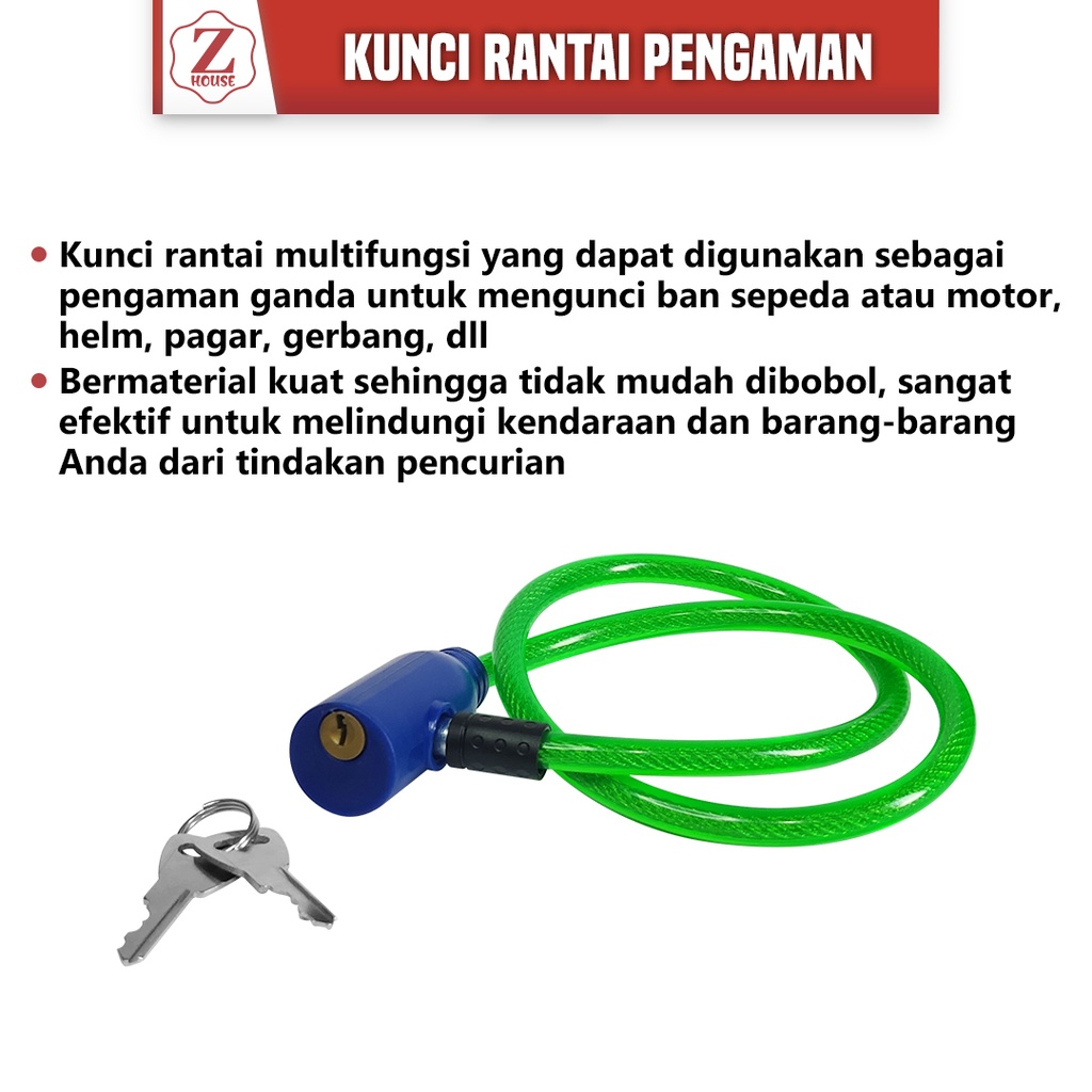 Kunci rantai 64cm/ kunci rantai pengaman Gembok plus kunci pengaman rantai rante sepeda motor helm Pendek panajng 64cm Cable Lock Kunci Kabel Pengaman Motor Helm Pentol Baja Karet Gembok Kawat Dengan Kunci